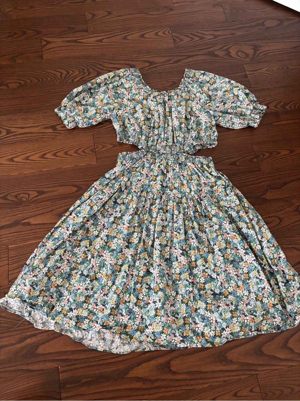 Zara Floral Cutout Midi Dress in Green, Yellow, White - Picture 2 of 2